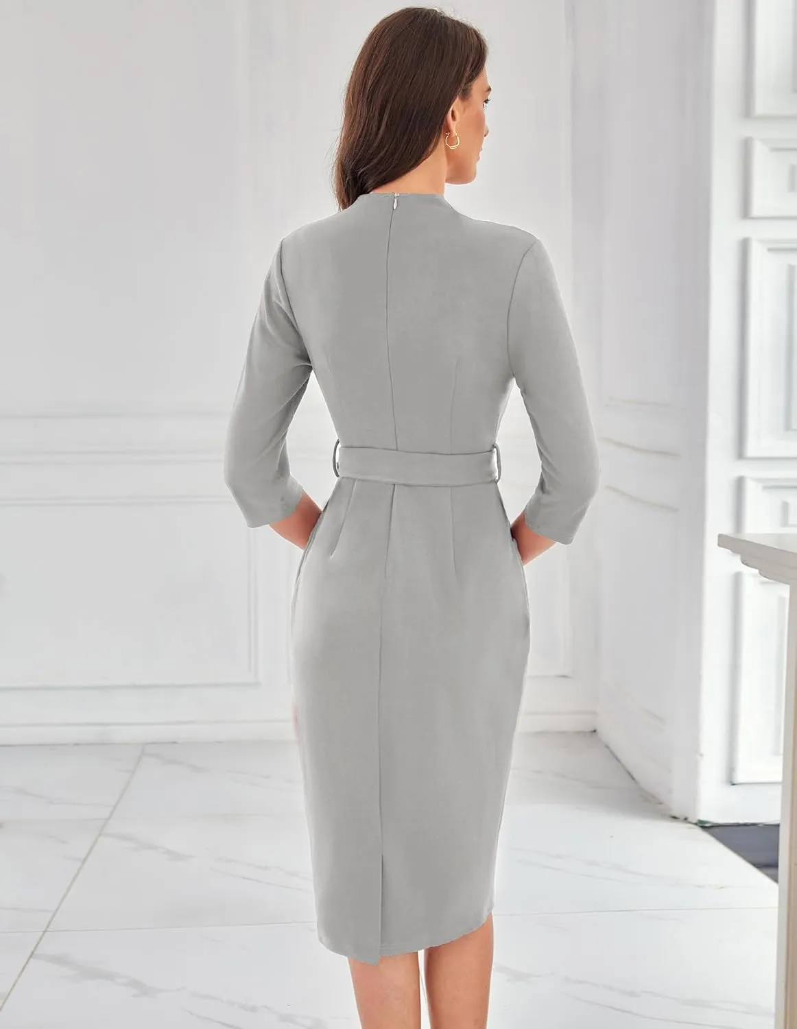 GRACE KARIN Womens Work Dresses V Neck 3/4 Sleeve Back Zipper Tie Waist Bodycon Dress Office Cocktail Dress with Pockets