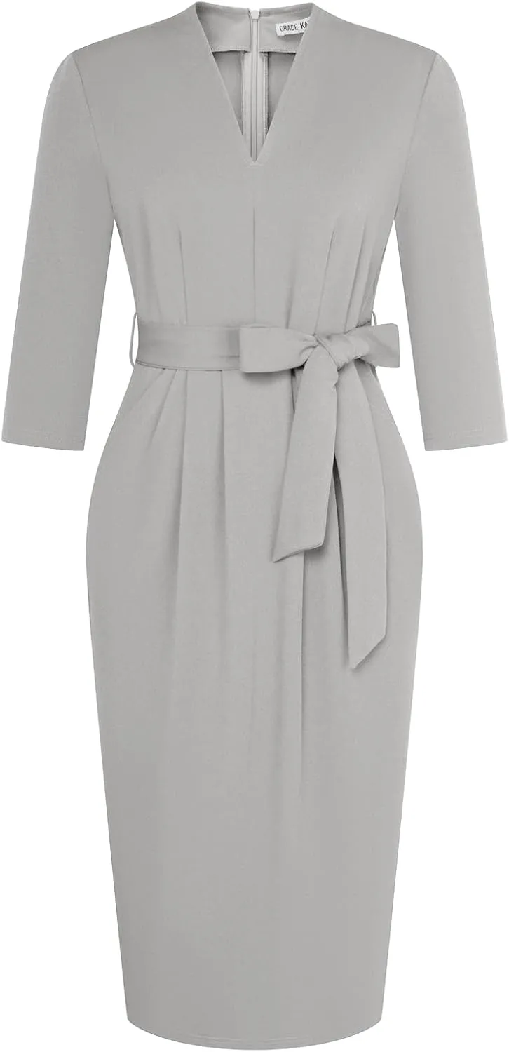 GRACE KARIN Womens Work Dresses V Neck 3/4 Sleeve Back Zipper Tie Waist Bodycon Dress Office Cocktail Dress with Pockets
