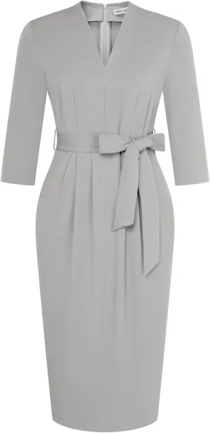 GRACE KARIN Womens Work Dresses V Neck 3/4 Sleeve Back Zipper Tie Waist Bodycon Dress Office Cocktail Dress with Pockets