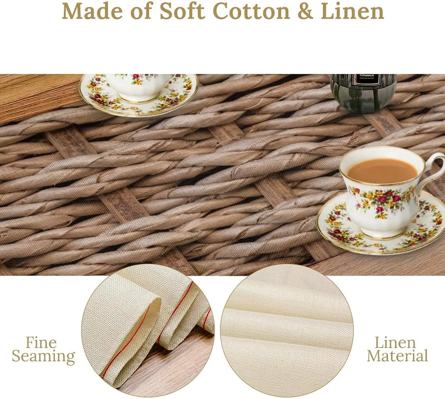 Grass Rope Texture Table Runner, Rustic Farmhouse Rural Style Braided Backdrop Pattern Print Table Decor, Cotton Linen Tablerunner for Dinning Room, Kitchen, Living Room, 13x70in