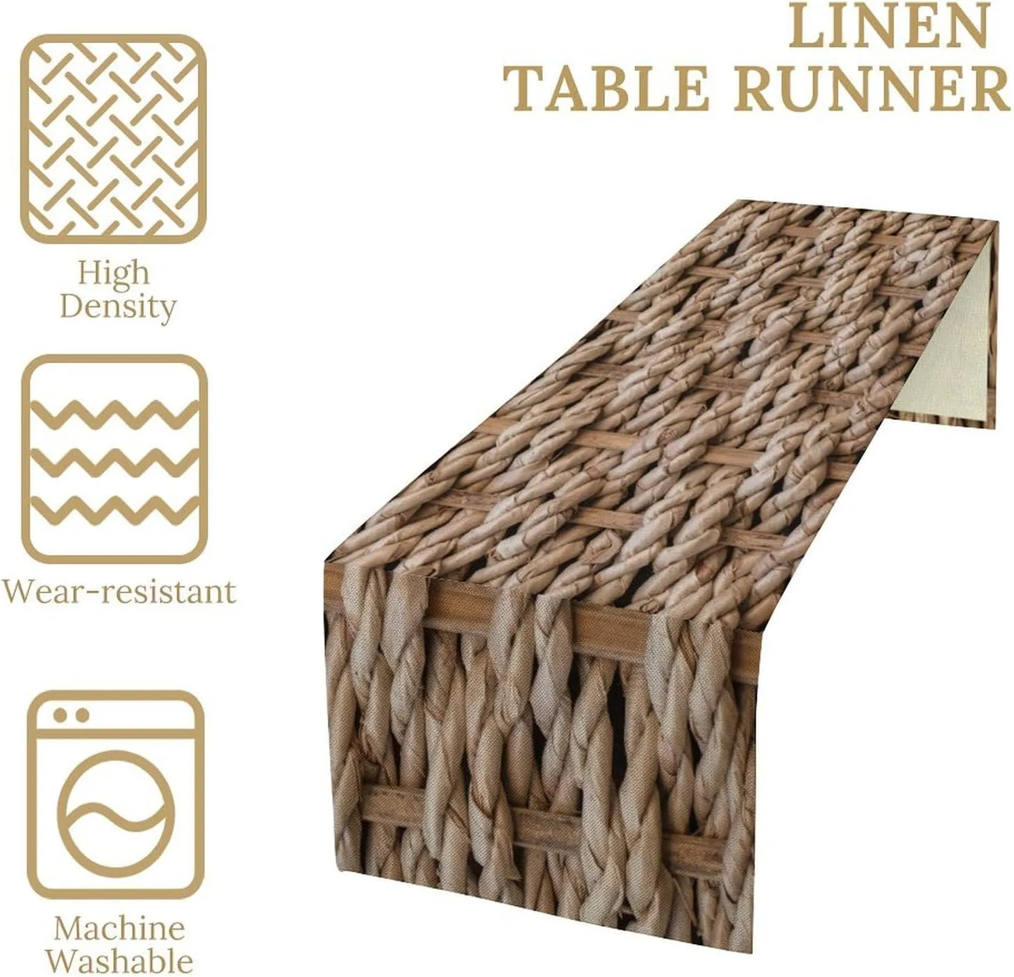 Grass Rope Texture Table Runner, Rustic Farmhouse Rural Style Braided Backdrop Pattern Print Table Decor, Cotton Linen Tablerunner for Dinning Room, Kitchen, Living Room, 13x70in