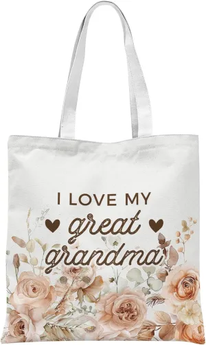 Great Grandma Flowers Canvas Tote Bag, Medium (15" x 15" 0.4"), Unisex, Adults, Women's, Great Grandma Themed Reusable Canvas Tote Bag from Grandchildren