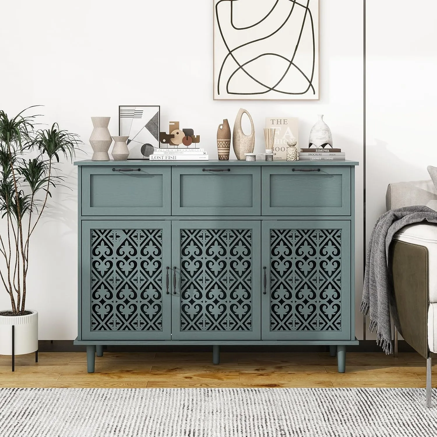 Green 3 Doors 3 Drawers Buffet Sideboard Cabinet - Accent Cabinet with Adjustable Shelves，47 Inch Wide Wood Storage Cabinets for Dining Room,Living Room and Kitchen