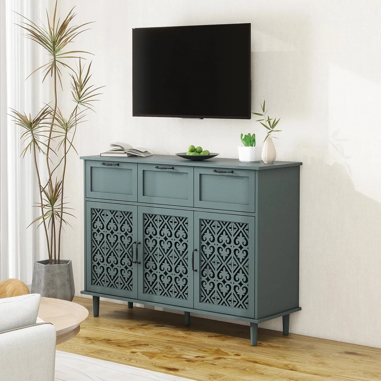 Green 3 Doors 3 Drawers Buffet Sideboard Cabinet - Accent Cabinet with Adjustable Shelves，47 Inch Wide Wood Storage Cabinets for Dining Room,Living Room and Kitchen