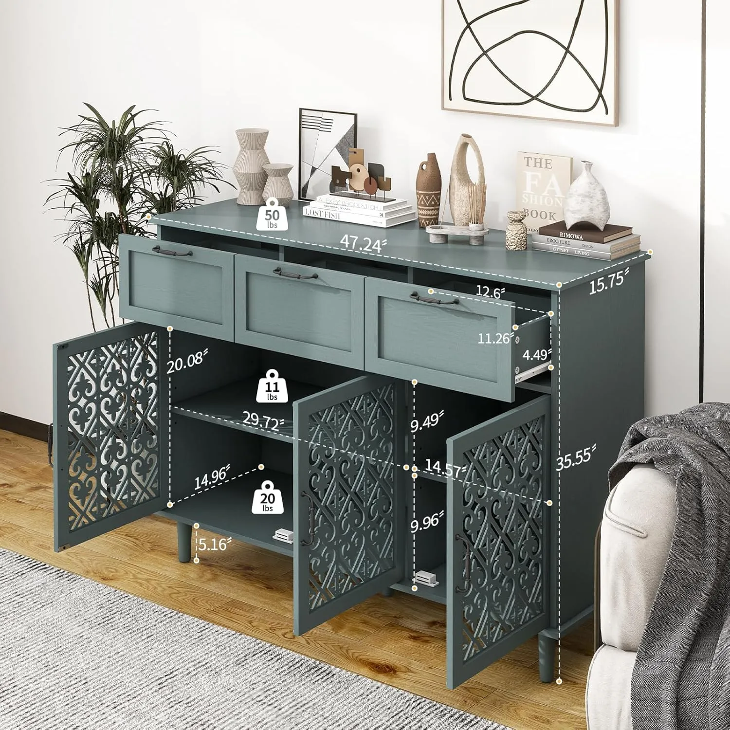 Green 3 Doors 3 Drawers Buffet Sideboard Cabinet - Accent Cabinet with Adjustable Shelves，47 Inch Wide Wood Storage Cabinets for Dining Room,Living Room and Kitchen