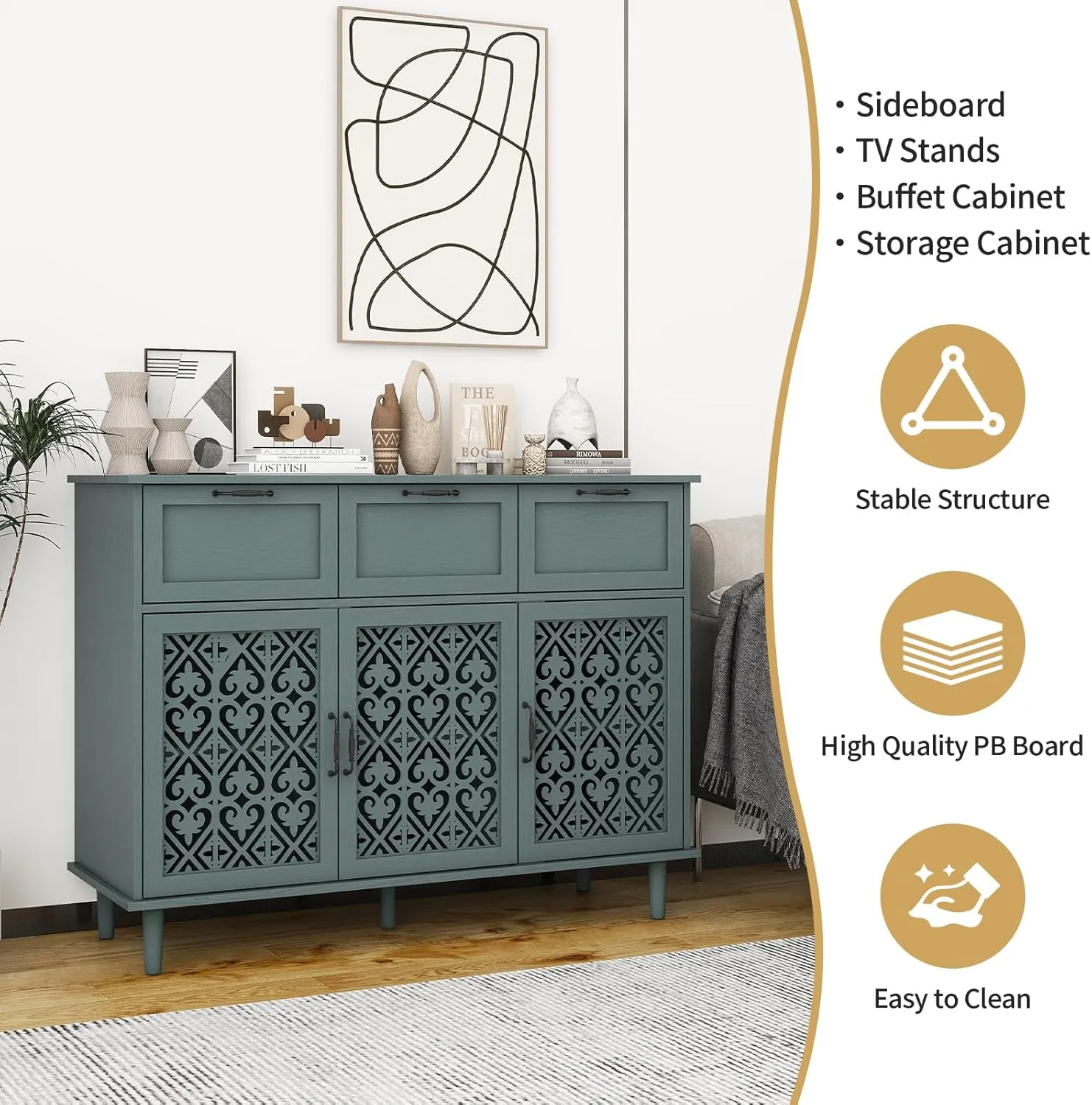 Green 3 Doors 3 Drawers Buffet Sideboard Cabinet - Accent Cabinet with Adjustable Shelves，47 Inch Wide Wood Storage Cabinets for Dining Room,Living Room and Kitchen