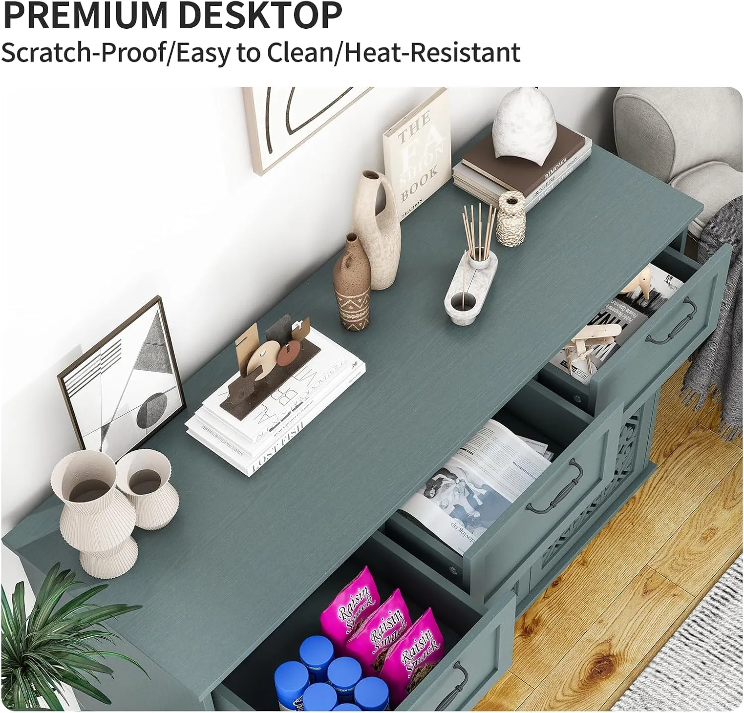 Green 3 Doors 3 Drawers Buffet Sideboard Cabinet - Accent Cabinet with Adjustable Shelves，47 Inch Wide Wood Storage Cabinets for Dining Room,Living Room and Kitchen