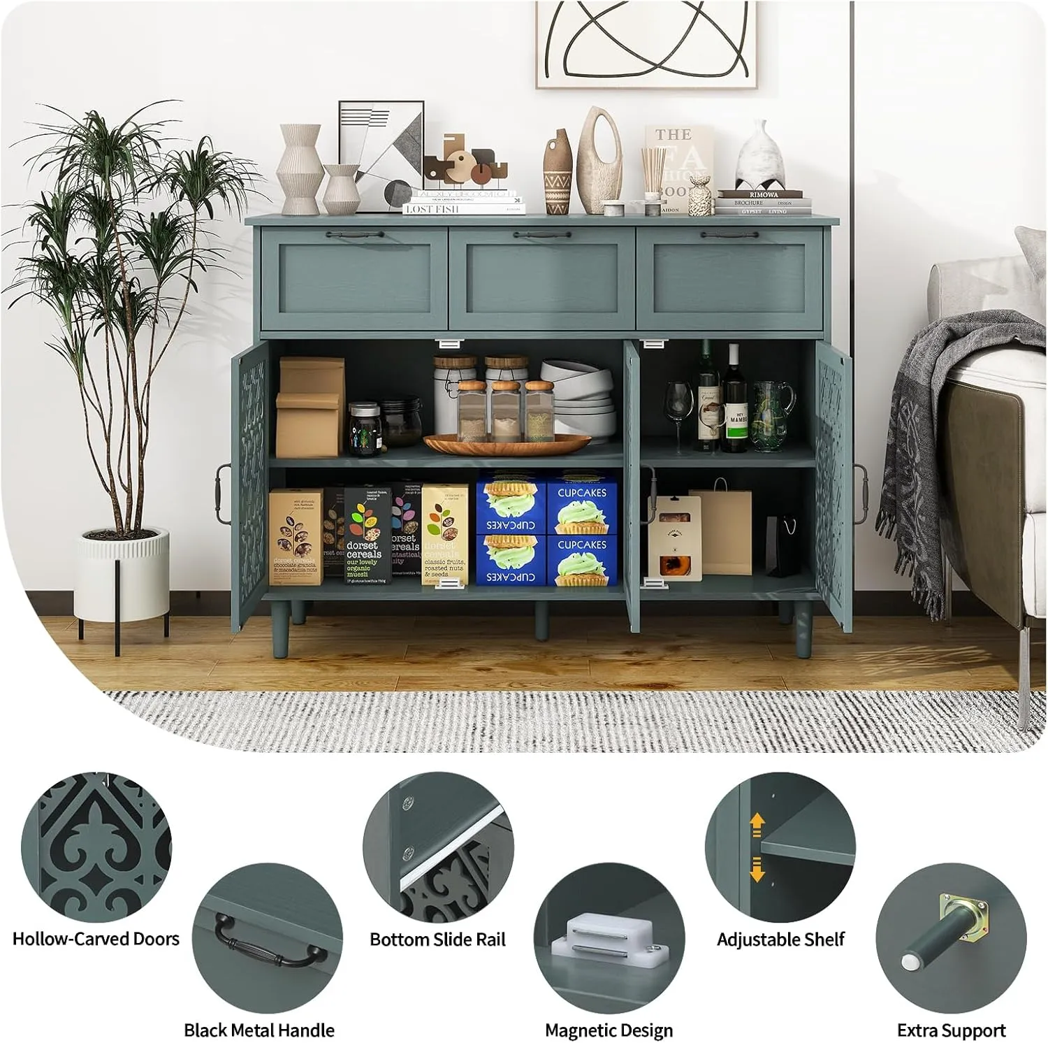 Green 3 Doors 3 Drawers Buffet Sideboard Cabinet - Accent Cabinet with Adjustable Shelves，47 Inch Wide Wood Storage Cabinets for Dining Room,Living Room and Kitchen
