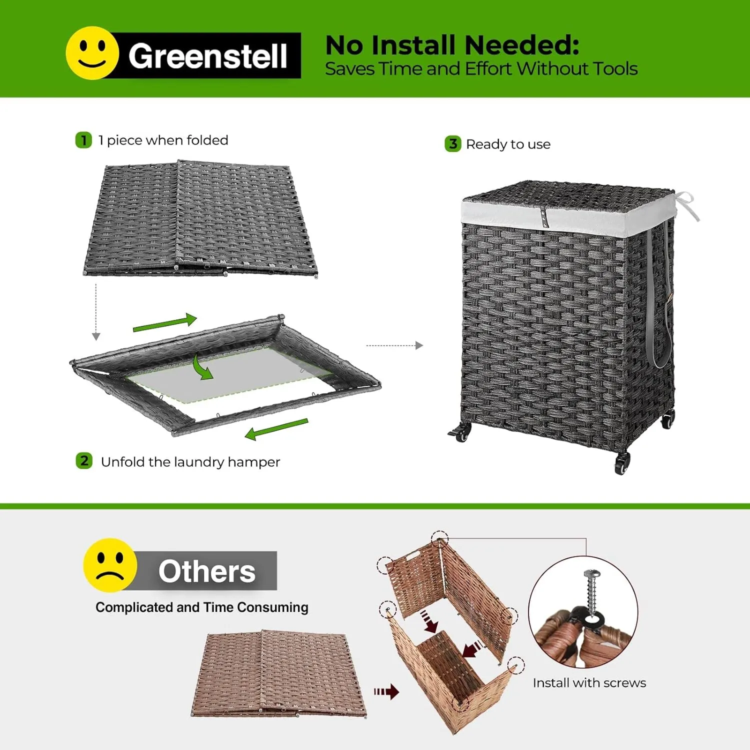 Greenstell Laundry Hamper with Wheels, No Install Needed, 90L Divided Handwoven Hampers & 2 Removable Liner Bags, Rattan Clothes Laundry Basket with Lid & Handles, Foldable Hampers Gray 18x13x26.4 In