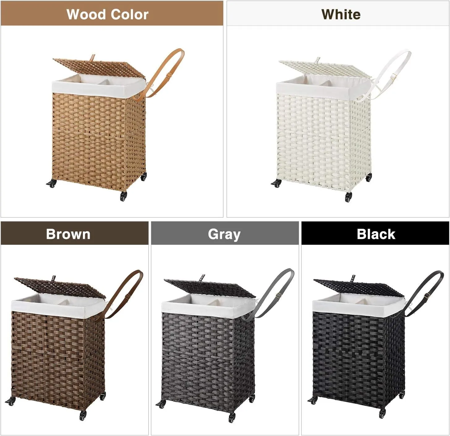 Greenstell Laundry Hamper with Wheels, No Install Needed, 90L Divided Handwoven Hampers & 2 Removable Liner Bags, Rattan Clothes Laundry Basket with Lid & Handles, Foldable Hampers Gray 18x13x26.4 In