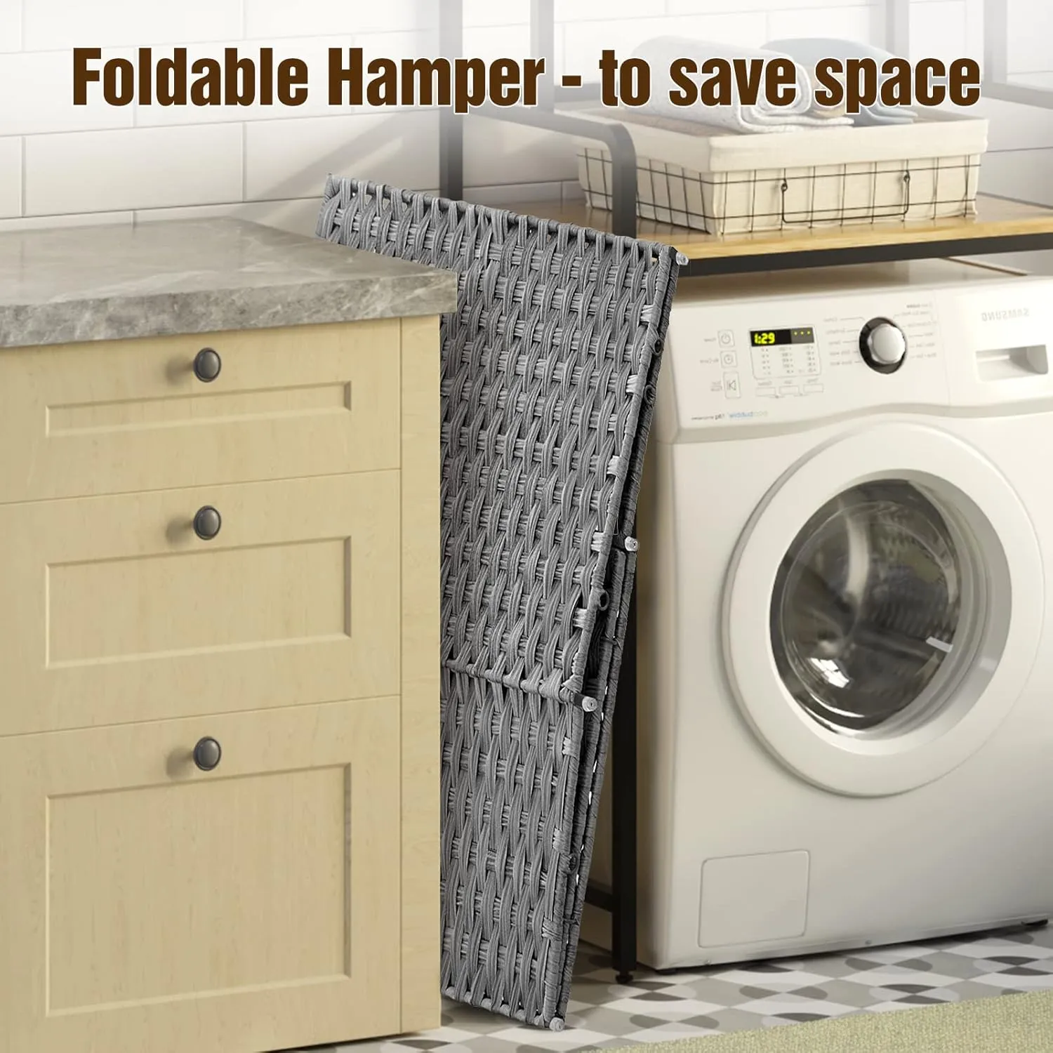Greenstell Laundry Hamper with Wheels, No Install Needed, 90L Divided Handwoven Hampers & 2 Removable Liner Bags, Rattan Clothes Laundry Basket with Lid & Handles, Foldable Hampers Gray 18x13x26.4 In
