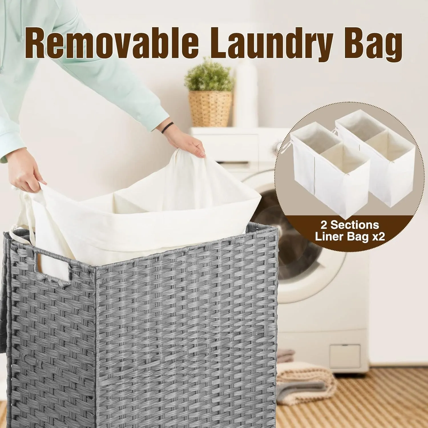 Greenstell Laundry Hamper with Wheels, No Install Needed, 90L Divided Handwoven Hampers & 2 Removable Liner Bags, Rattan Clothes Laundry Basket with Lid & Handles, Foldable Hampers Gray 18x13x26.4 In