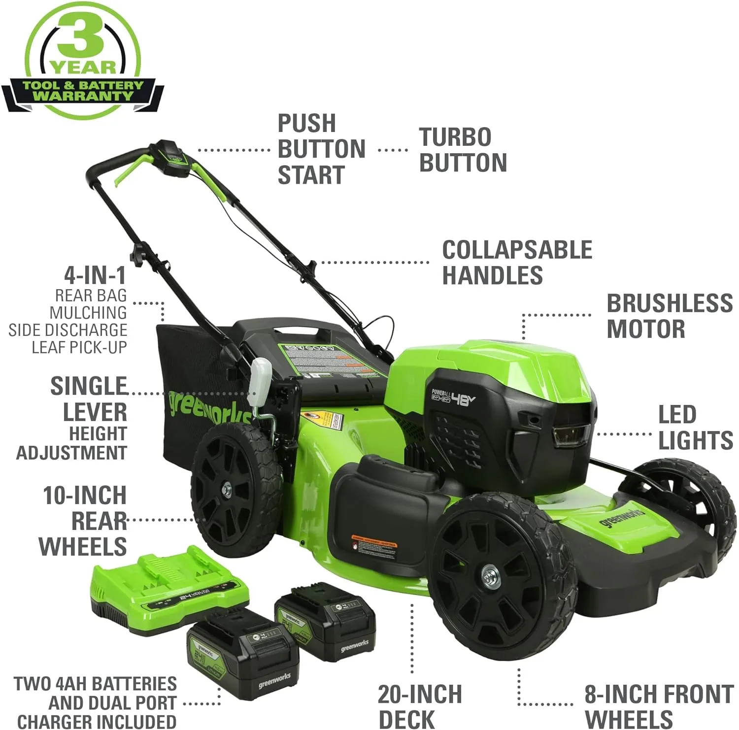 Greenworks 48V (2x24V) 20" Cordless Push Mower, 12" String Trimmer, 320 CFM Blower，10" Chainsaw，and 22" Hedge Trimmer Combo Kit