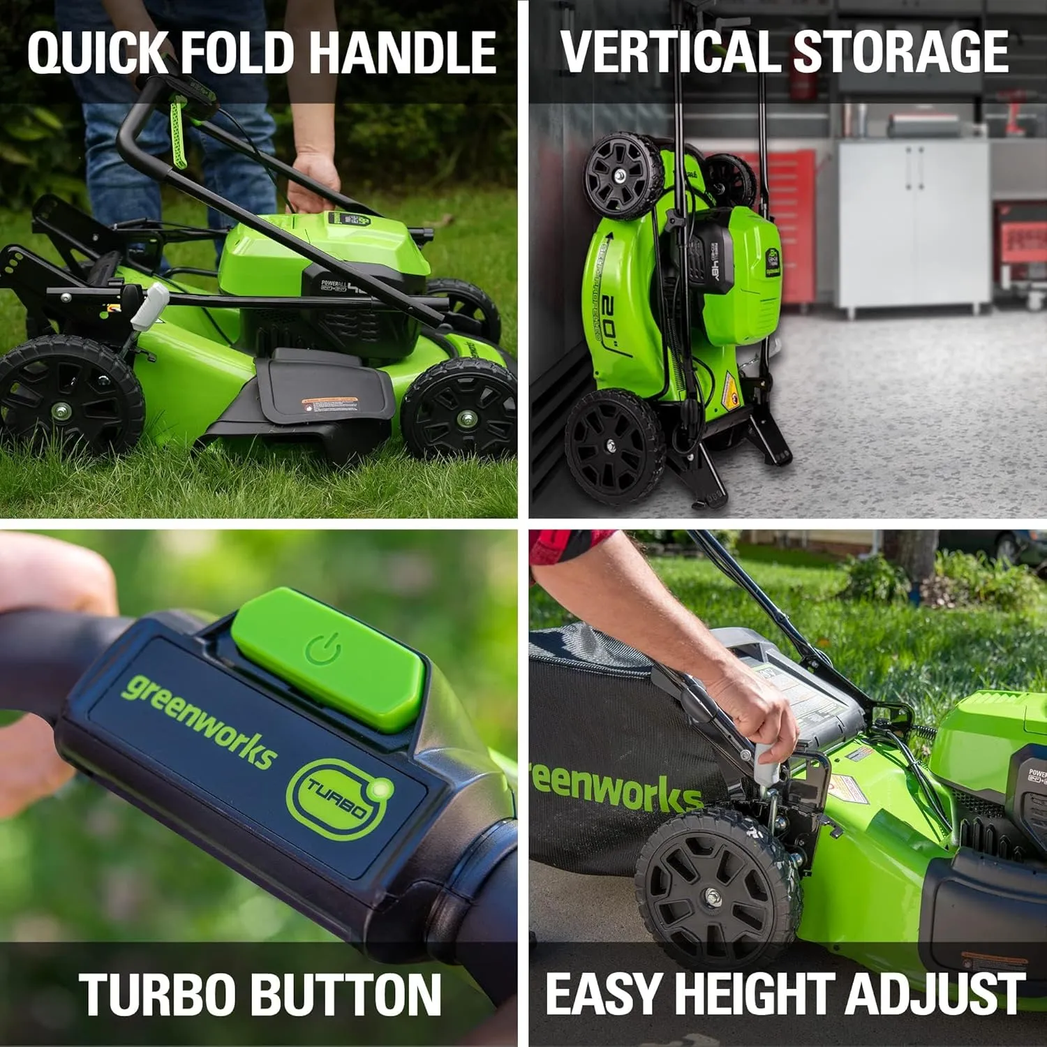 Greenworks 48V (2x24V) 20" Cordless Push Mower, 12" String Trimmer, 320 CFM Blower，10" Chainsaw，and 22" Hedge Trimmer Combo Kit