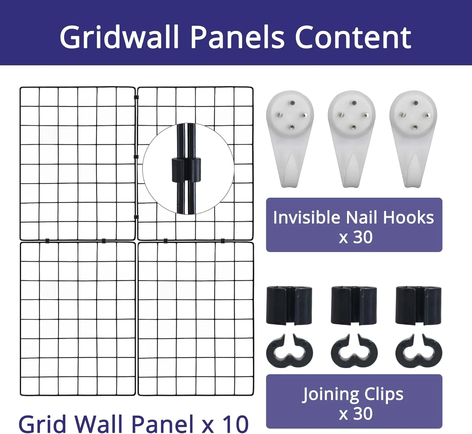 Grid Wall Panels 10pack 15.7"x 11.8" Gridwall for Any Retail Display, Portable and Assembled Wall Grid with Extra Joining Clips and Hooks, Black