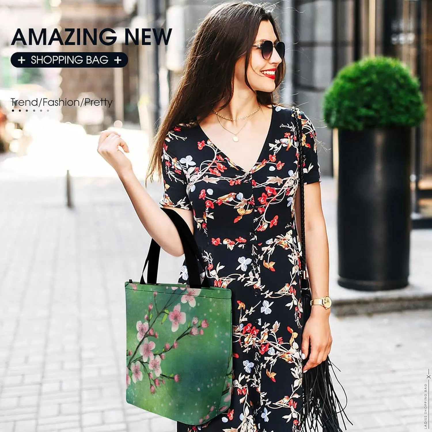 Grocery Bag Reusable Tote Bag Foldable Peach Flowers Shopping Bag Handbag Washable Shoulder Bag for Travel