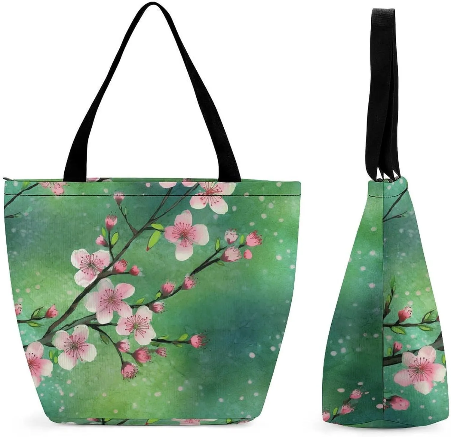 Grocery Bag Reusable Tote Bag Foldable Peach Flowers Shopping Bag Handbag Washable Shoulder Bag for Travel