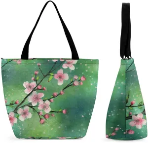 Grocery Bag Reusable Tote Bag Foldable Peach Flowers Shopping Bag Handbag Washable Shoulder Bag for Travel