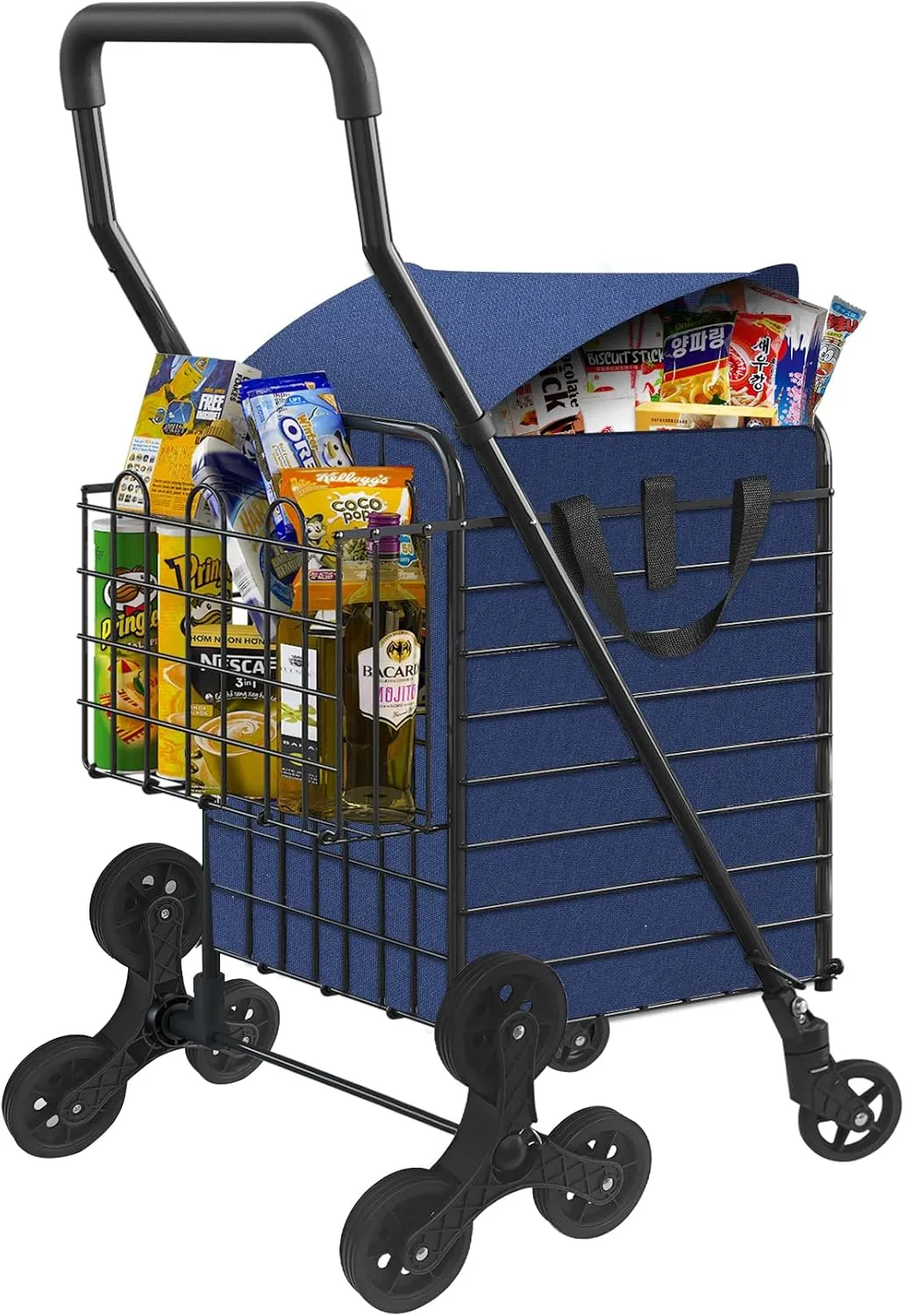 Grocery Shopping Cart with Waterproof Liner Stair Climber Utility Cart Easily Collapsible Cart with Tri-Wheels, 66lb Extended Foam Cover, Trolley for Stair, Laundry, Travel (Blue-)