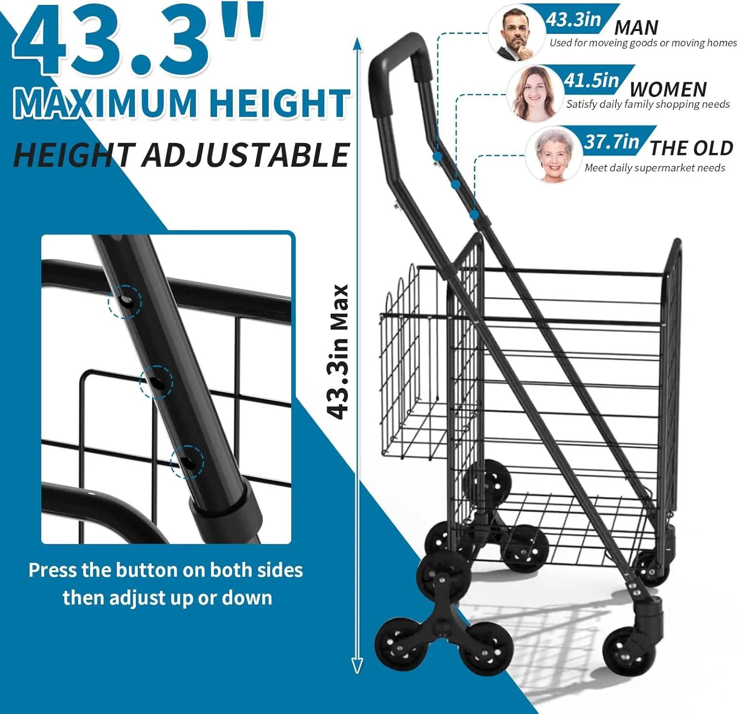 Grocery Shopping Cart with Waterproof Liner Stair Climber Utility Cart Easily Collapsible Cart with Tri-Wheels, 66lb Extended Foam Cover, Trolley for Stair, Laundry, Travel (Blue-)