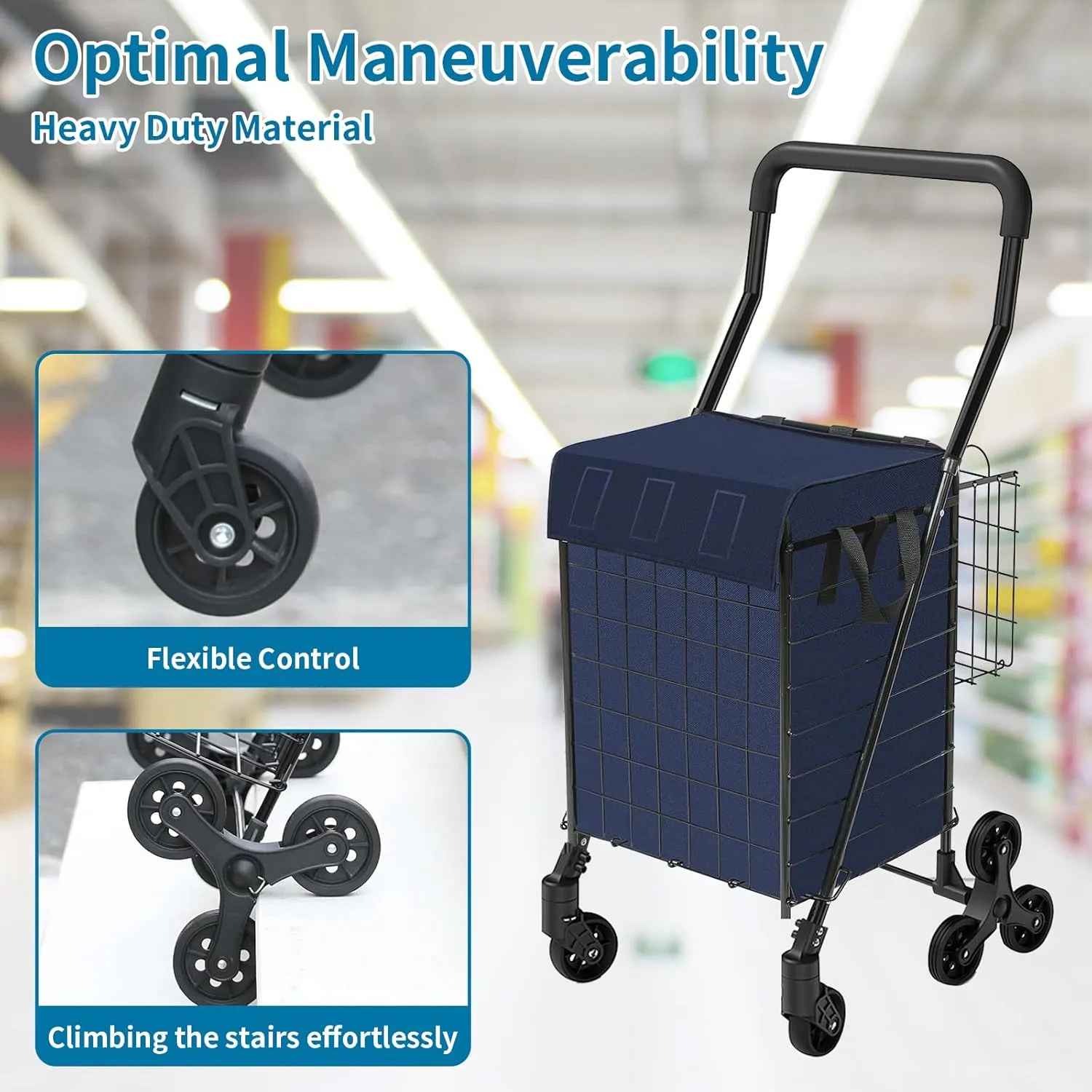 Grocery Shopping Cart with Waterproof Liner Stair Climber Utility Cart Easily Collapsible Cart with Tri-Wheels, 66lb Extended Foam Cover, Trolley for Stair, Laundry, Travel (Blue-)