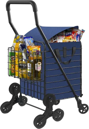 Grocery Shopping Cart with Waterproof Liner Stair Climber Utility Cart Easily Collapsible Cart with Tri-Wheels, 66lb Extended Foam Cover, Trolley for Stair, Laundry, Travel (Blue-)