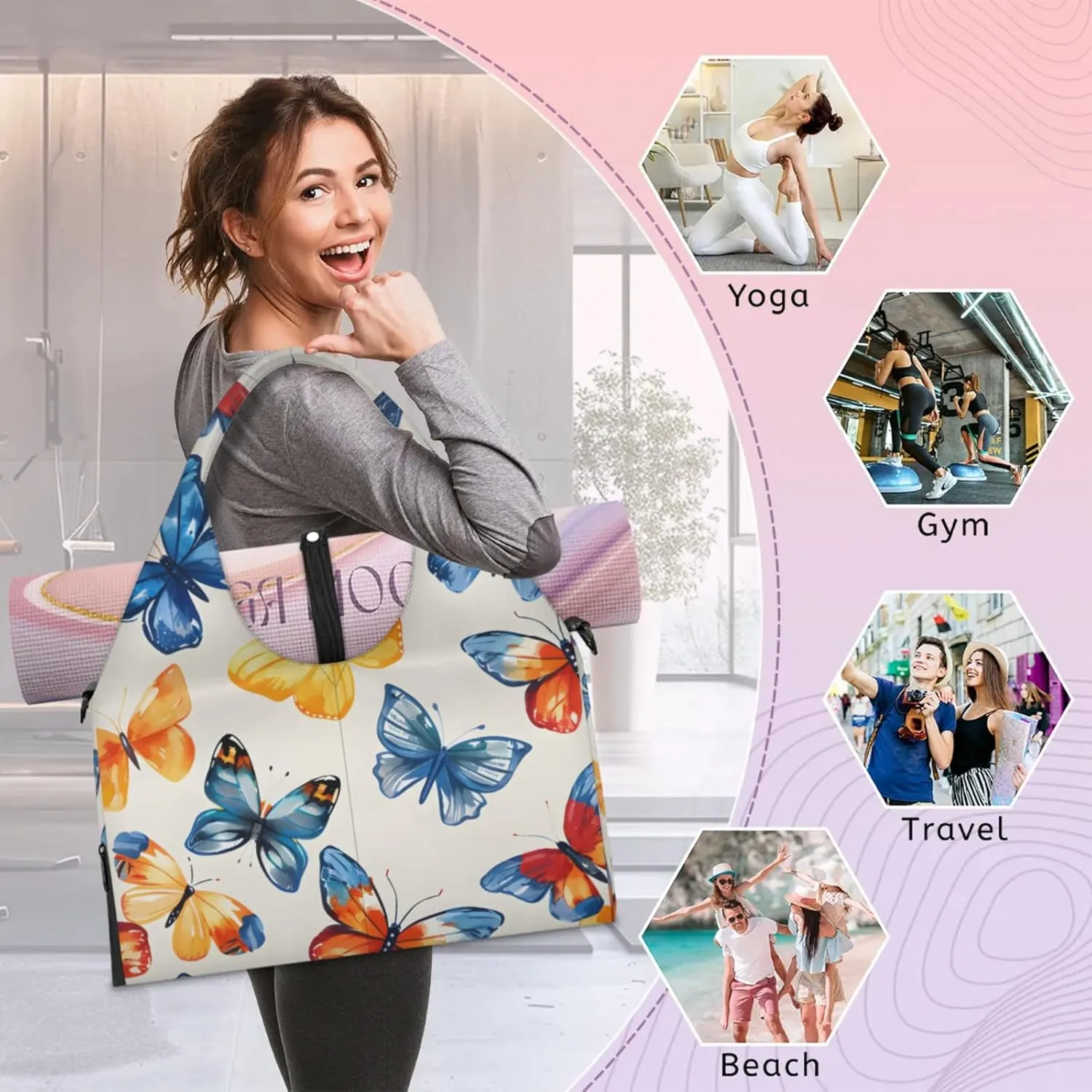 Gym Bag for Women Butterfly Dancing Duffel Bag with Shoe Compartment and Yoga Mat Holder Portable Weekender Bags Travel Tote Bags