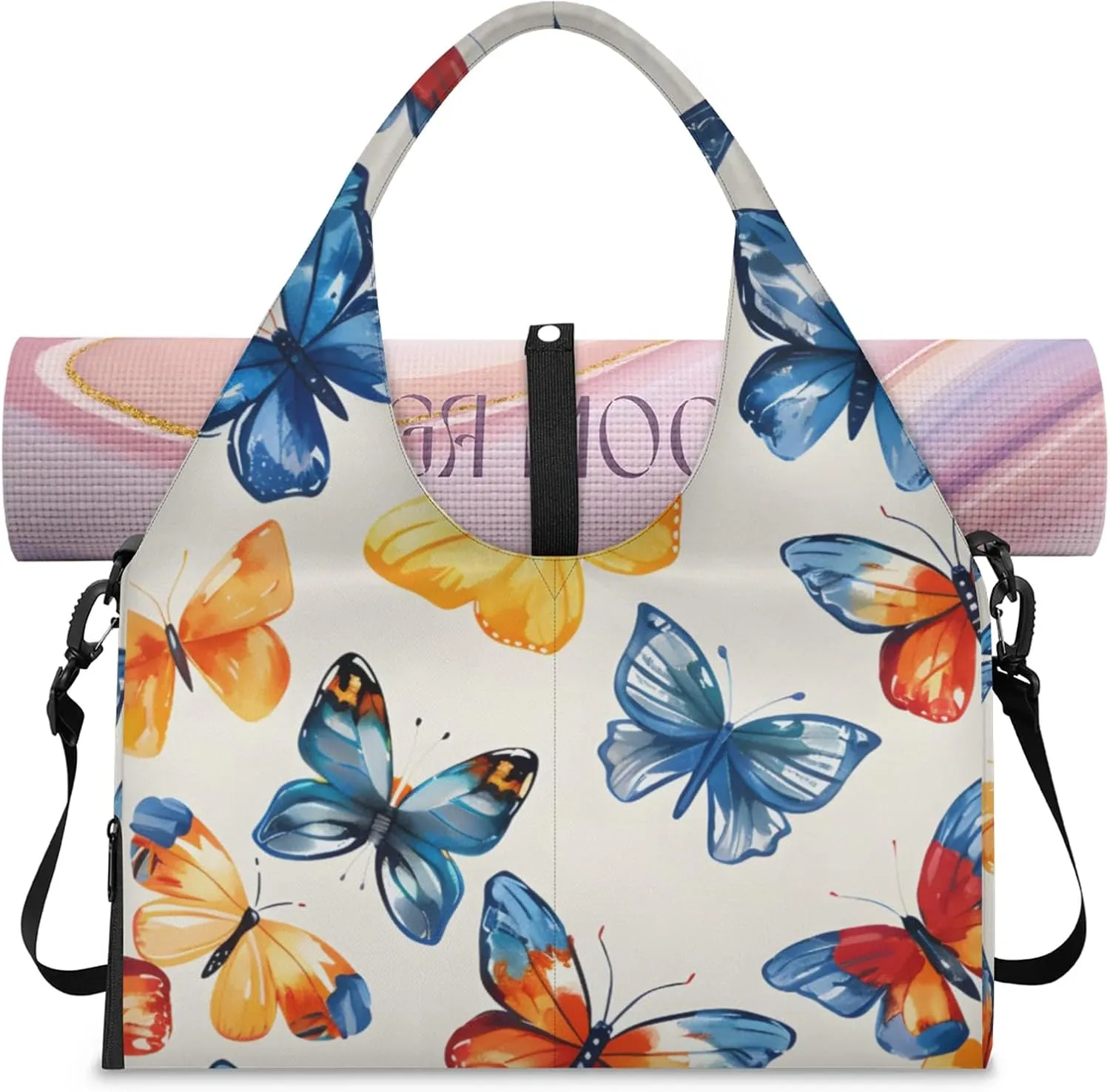 Gym Bag for Women Butterfly Dancing Duffel Bag with Shoe Compartment and Yoga Mat Holder Portable Weekender Bags Travel Tote Bags