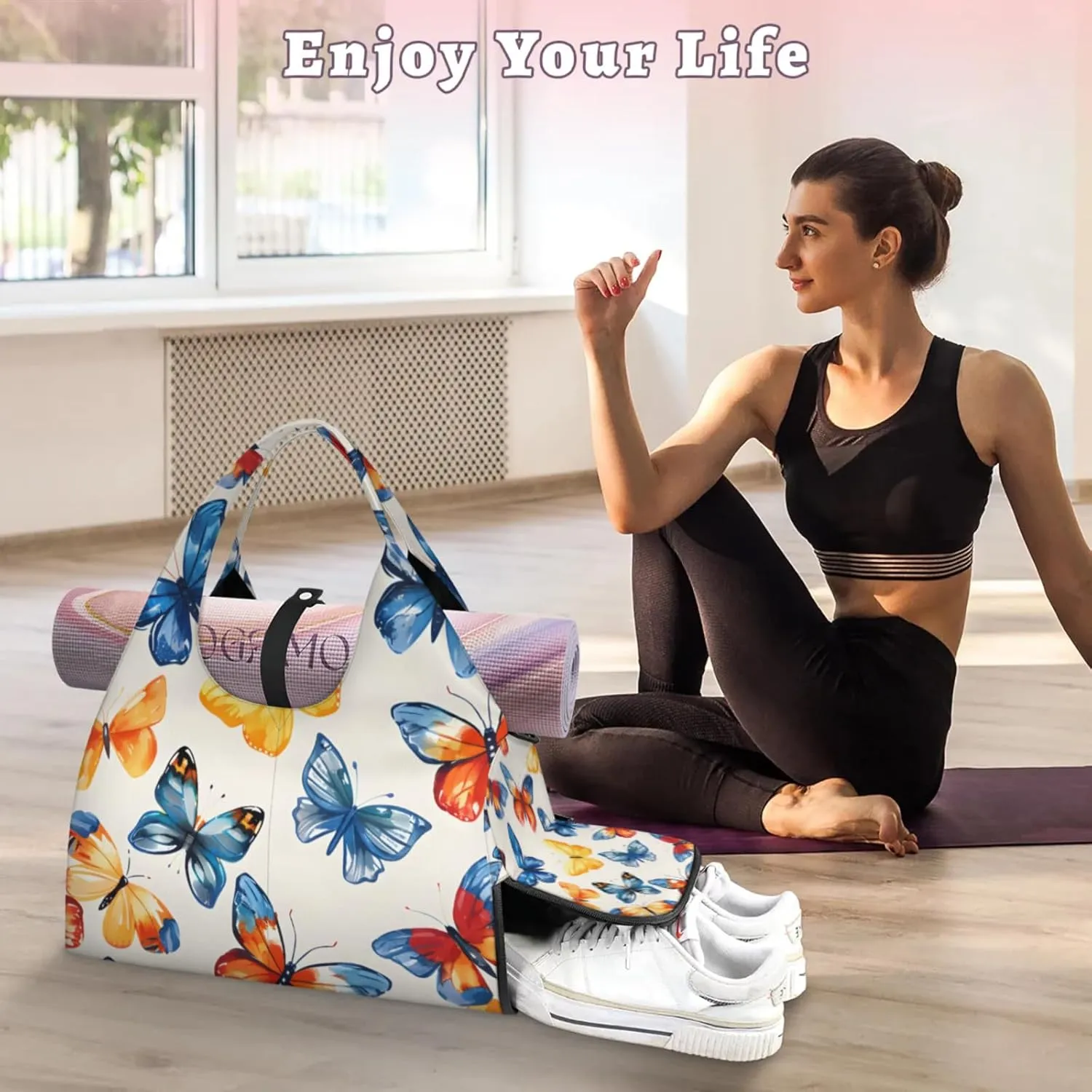 Gym Bag for Women Butterfly Dancing Duffel Bag with Shoe Compartment and Yoga Mat Holder Portable Weekender Bags Travel Tote Bags