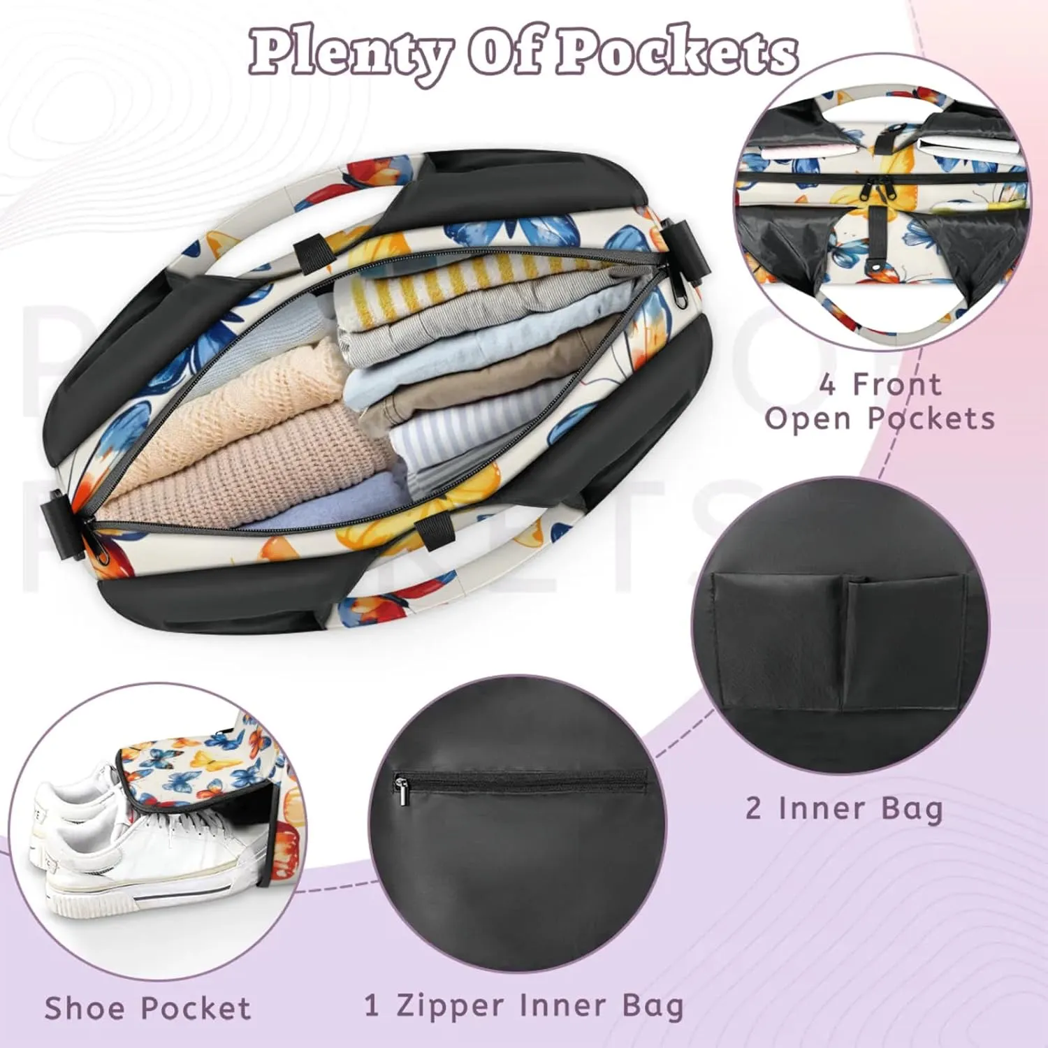 Gym Bag for Women Butterfly Dancing Duffel Bag with Shoe Compartment and Yoga Mat Holder Portable Weekender Bags Travel Tote Bags