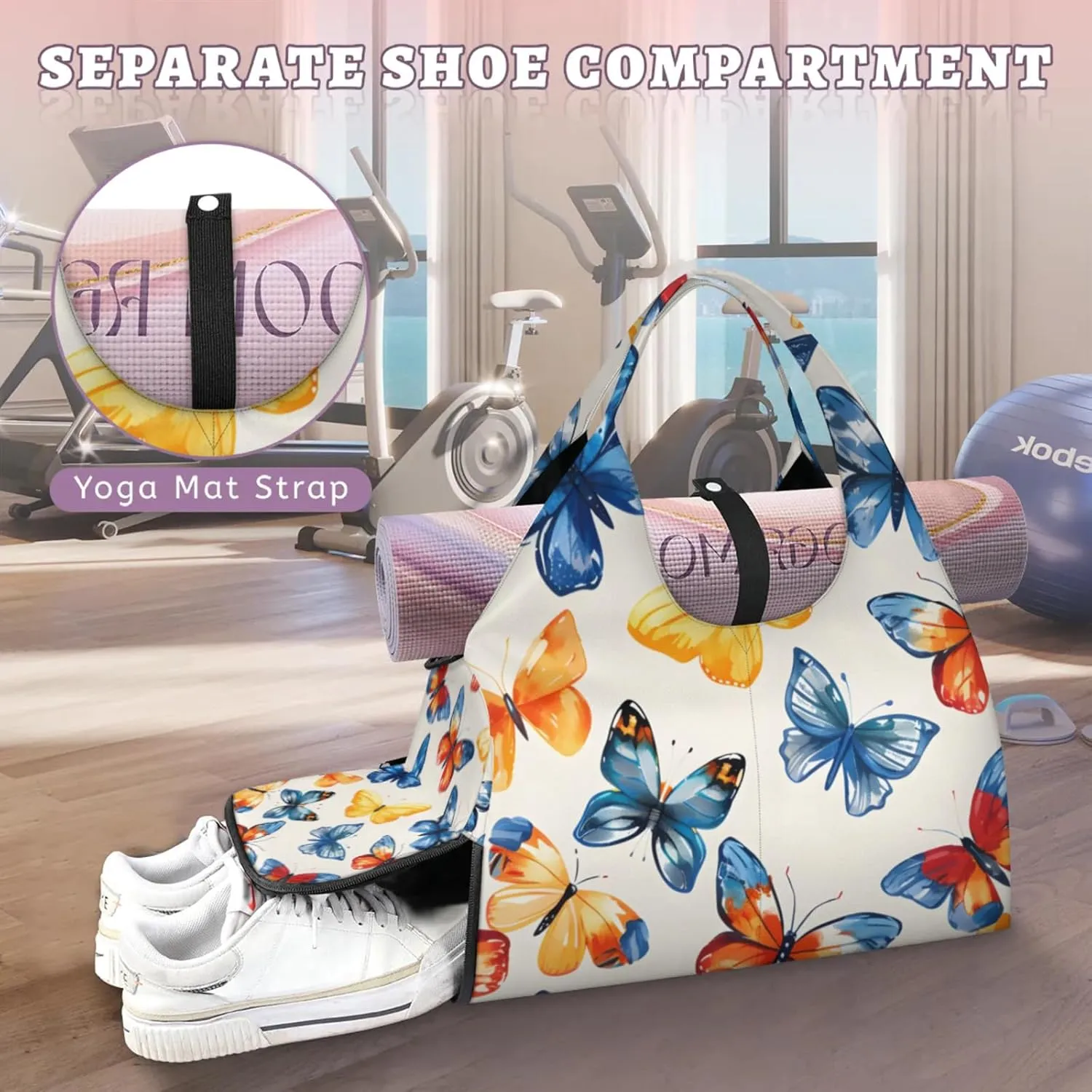 Gym Bag for Women Butterfly Dancing Duffel Bag with Shoe Compartment and Yoga Mat Holder Portable Weekender Bags Travel Tote Bags