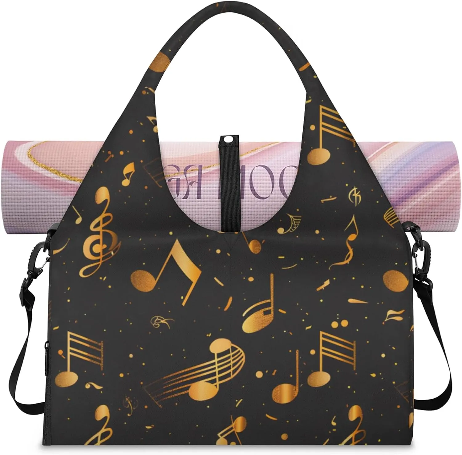 Gym Bag for Women Music Notes Theme Duffel Bag with Shoe Compartment and Yoga Mat Holder Portable Weekender Bags Travel Tote Bags