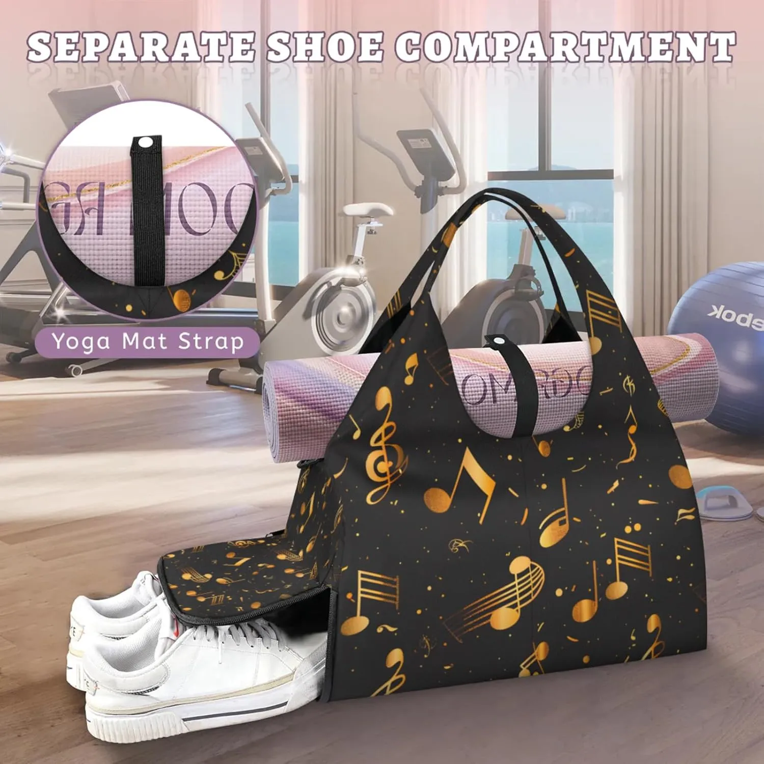 Gym Bag for Women Music Notes Theme Duffel Bag with Shoe Compartment and Yoga Mat Holder Portable Weekender Bags Travel Tote Bags