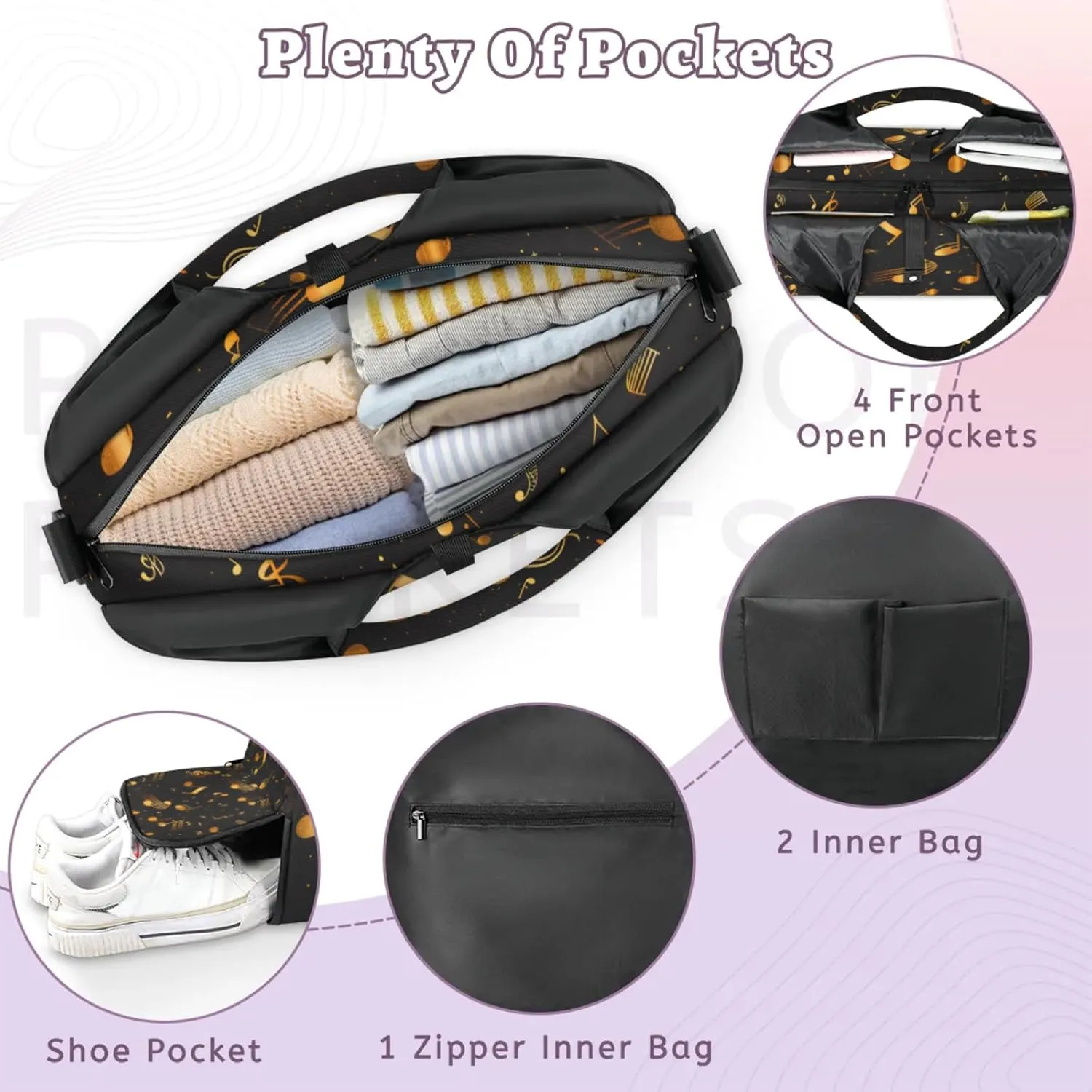 Gym Bag for Women Music Notes Theme Duffel Bag with Shoe Compartment and Yoga Mat Holder Portable Weekender Bags Travel Tote Bags