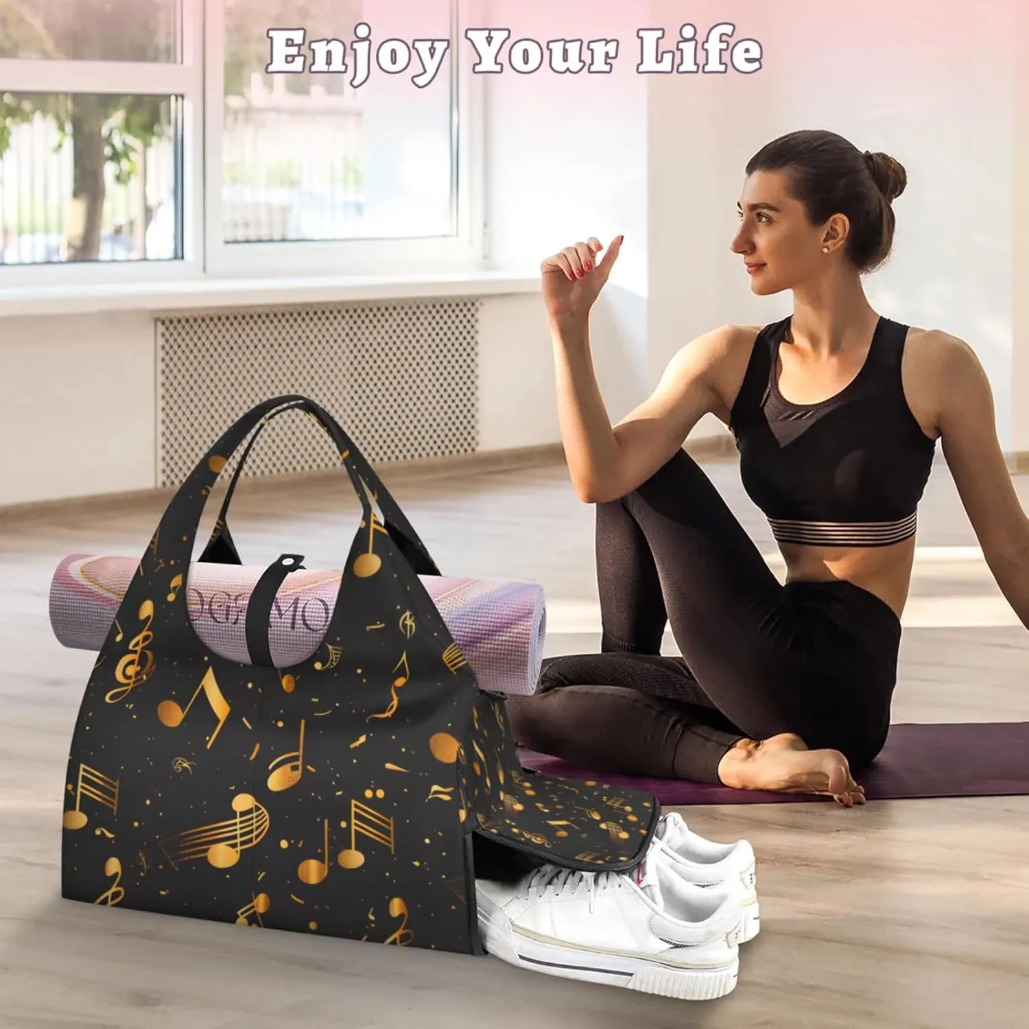 Gym Bag for Women Music Notes Theme Duffel Bag with Shoe Compartment and Yoga Mat Holder Portable Weekender Bags Travel Tote Bags