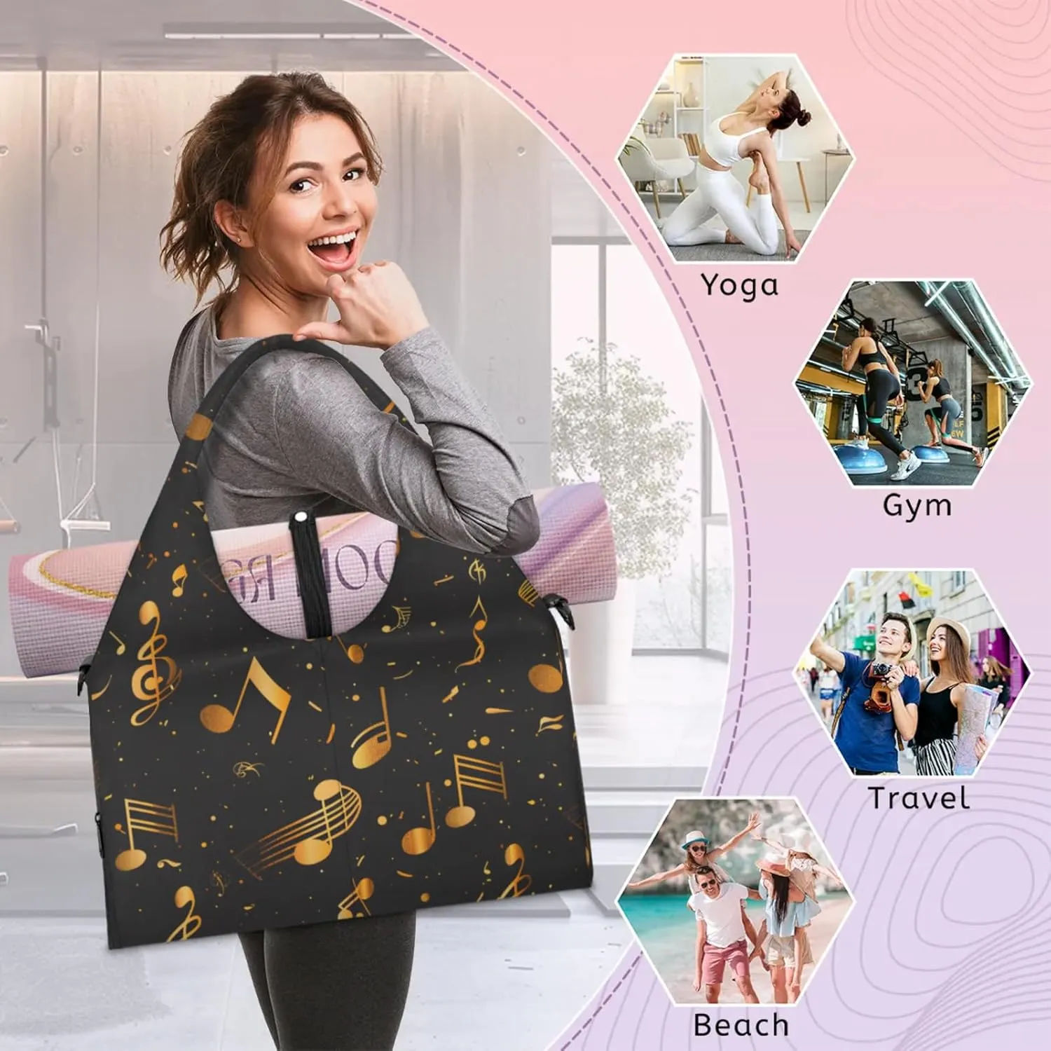 Gym Bag for Women Music Notes Theme Duffel Bag with Shoe Compartment and Yoga Mat Holder Portable Weekender Bags Travel Tote Bags