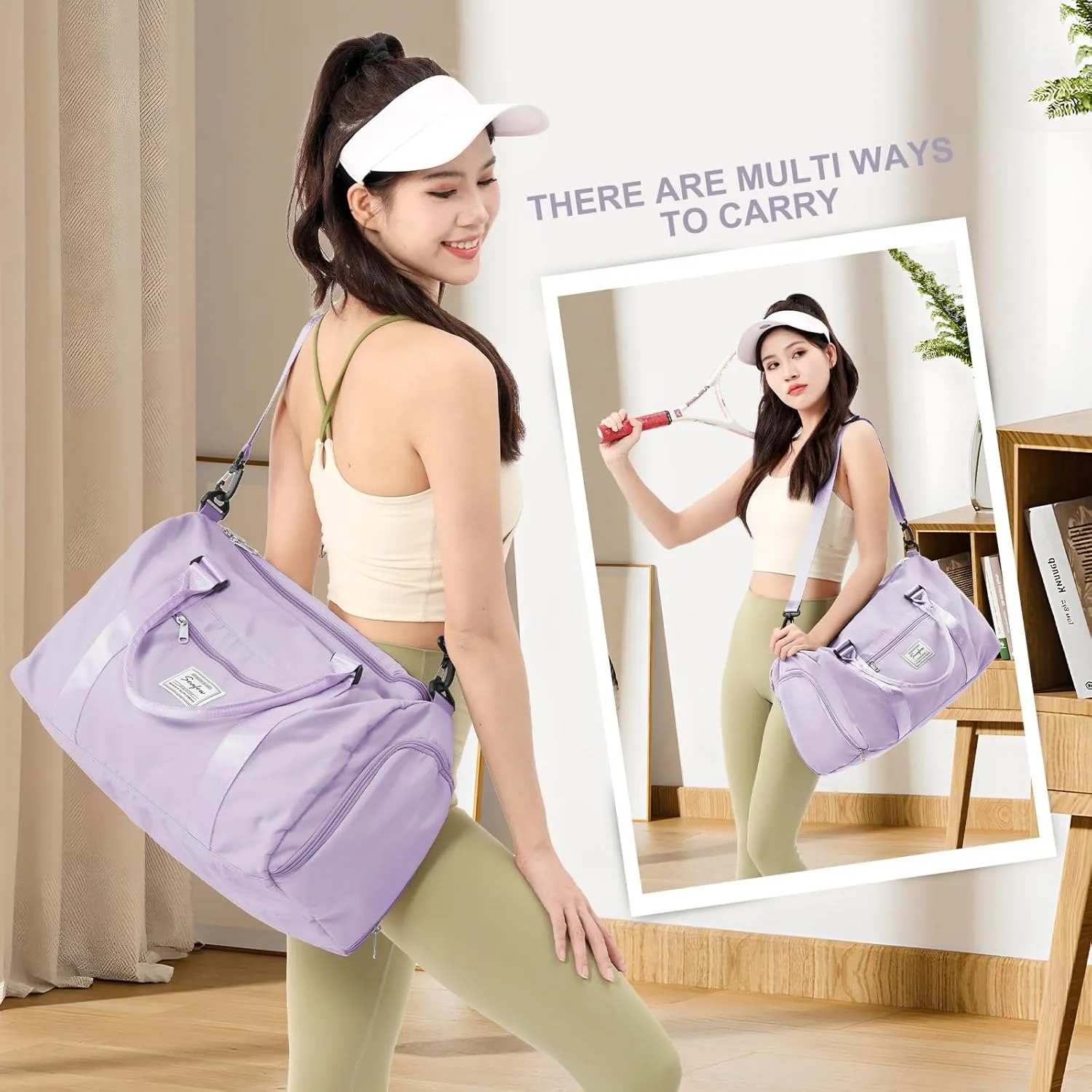 Gym Bag for Women with Shoes Compartment,Small Duffel Bag Sport bag with Toiletry Bag Overnight Travel Tote Bags Weekender Carry on Bag Personal Item Bag for Airlines Light Purple