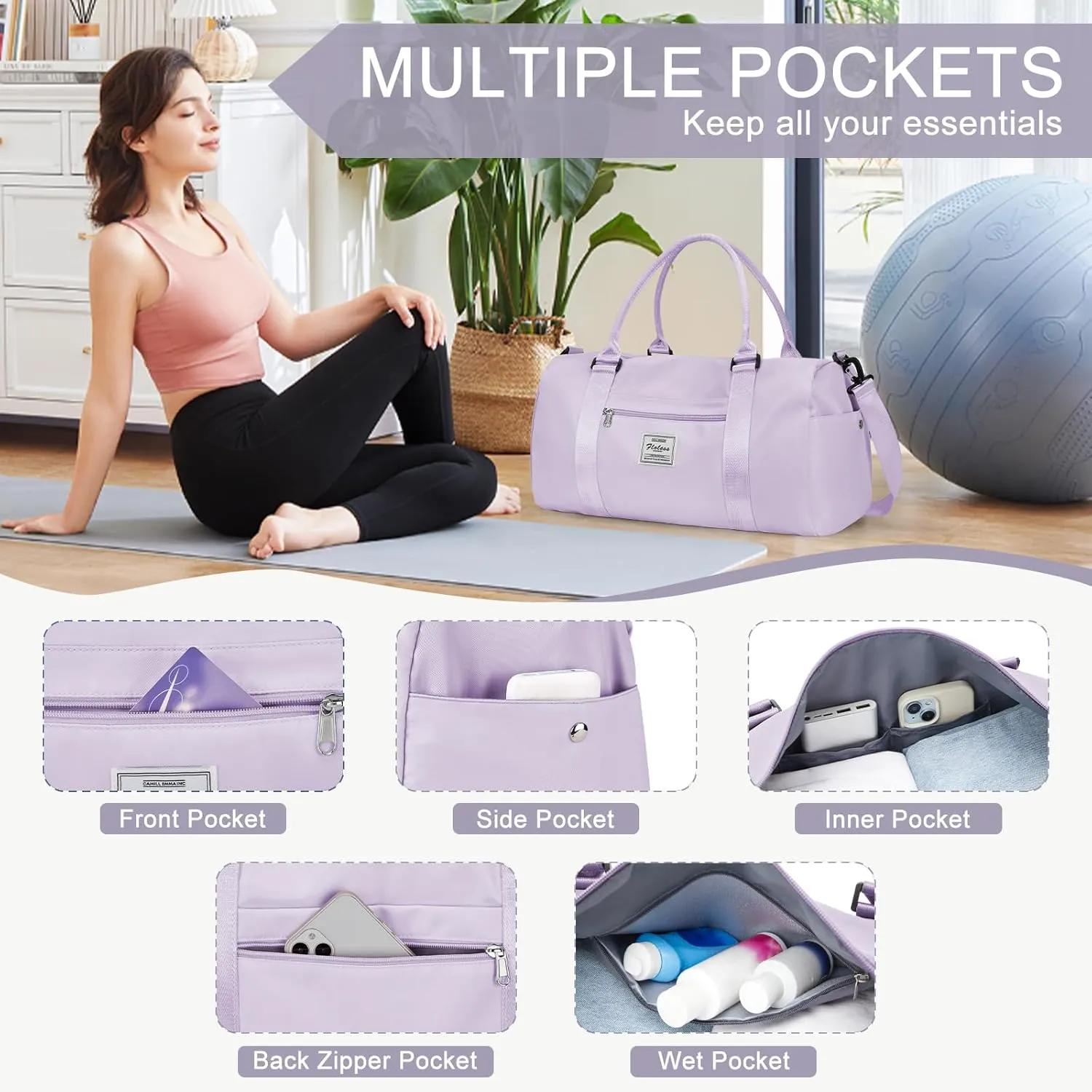 Gym Bag for Women with Shoes Compartment,Small Duffel Bag Sport bag with Toiletry Bag Overnight Travel Tote Bags Weekender Carry on Bag Personal Item Bag for Airlines Light Purple
