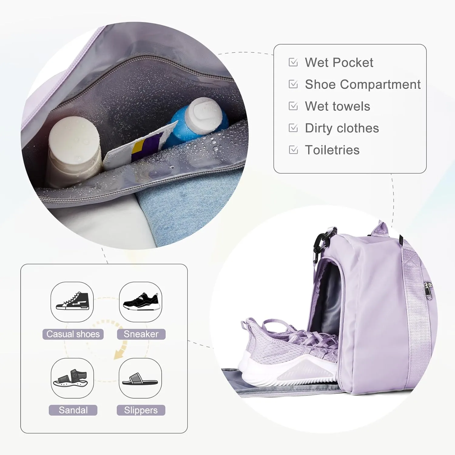 Gym Bag for Women with Shoes Compartment,Small Duffel Bag Sport bag with Toiletry Bag Overnight Travel Tote Bags Weekender Carry on Bag Personal Item Bag for Airlines Light Purple