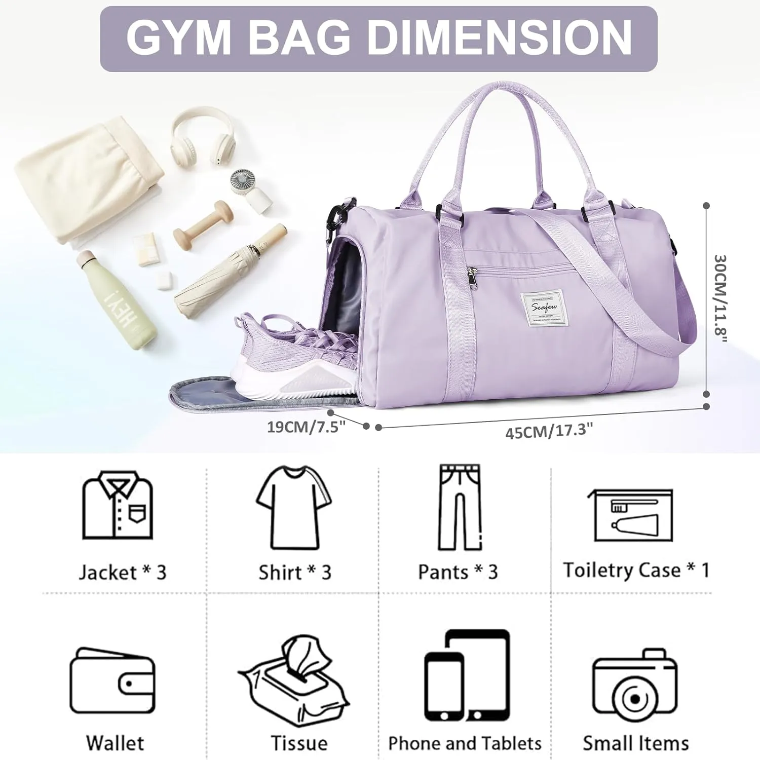 Gym Bag for Women with Shoes Compartment,Small Duffel Bag Sport bag with Toiletry Bag Overnight Travel Tote Bags Weekender Carry on Bag Personal Item Bag for Airlines Light Purple