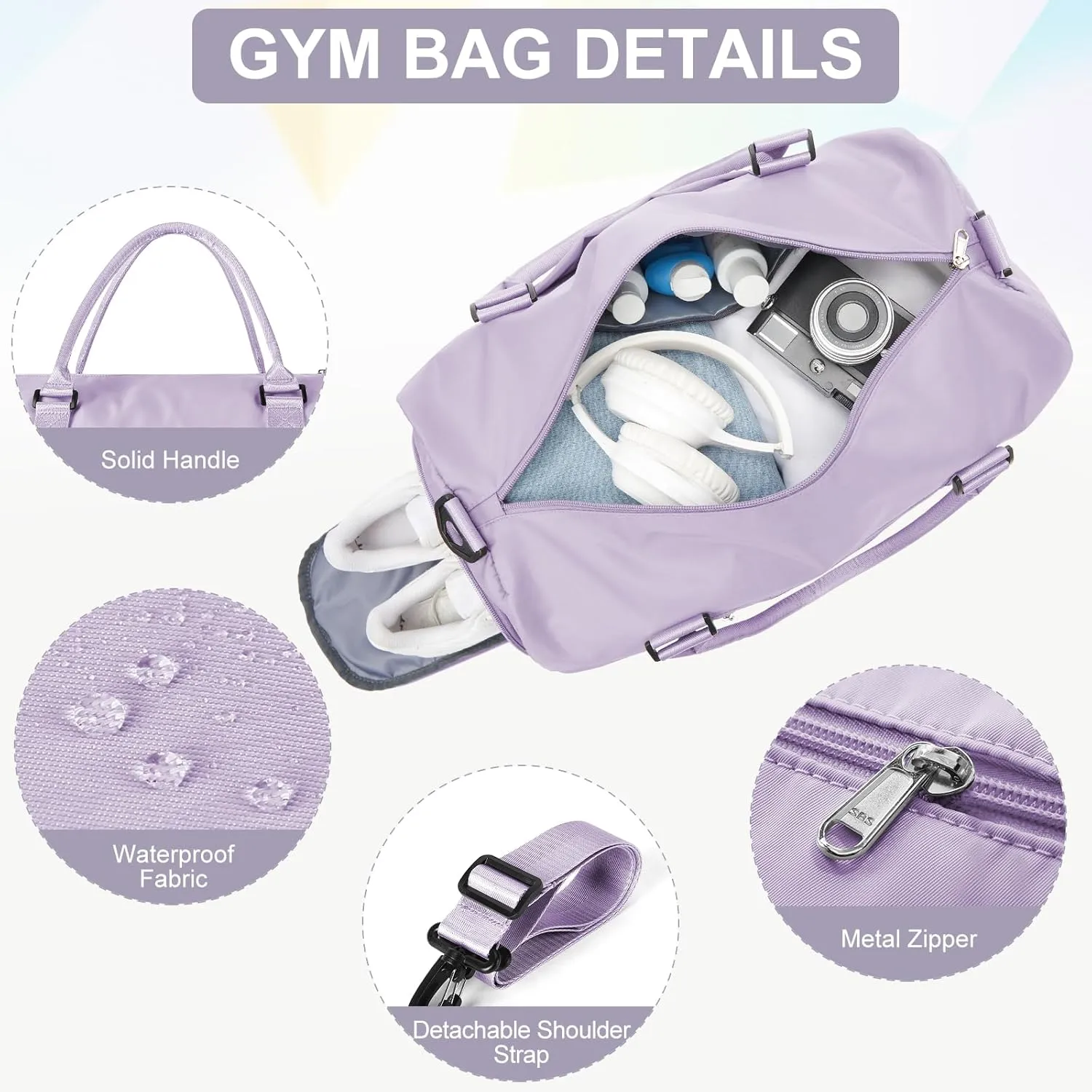 Gym Bag for Women with Shoes Compartment,Small Duffel Bag Sport bag with Toiletry Bag Overnight Travel Tote Bags Weekender Carry on Bag Personal Item Bag for Airlines Light Purple