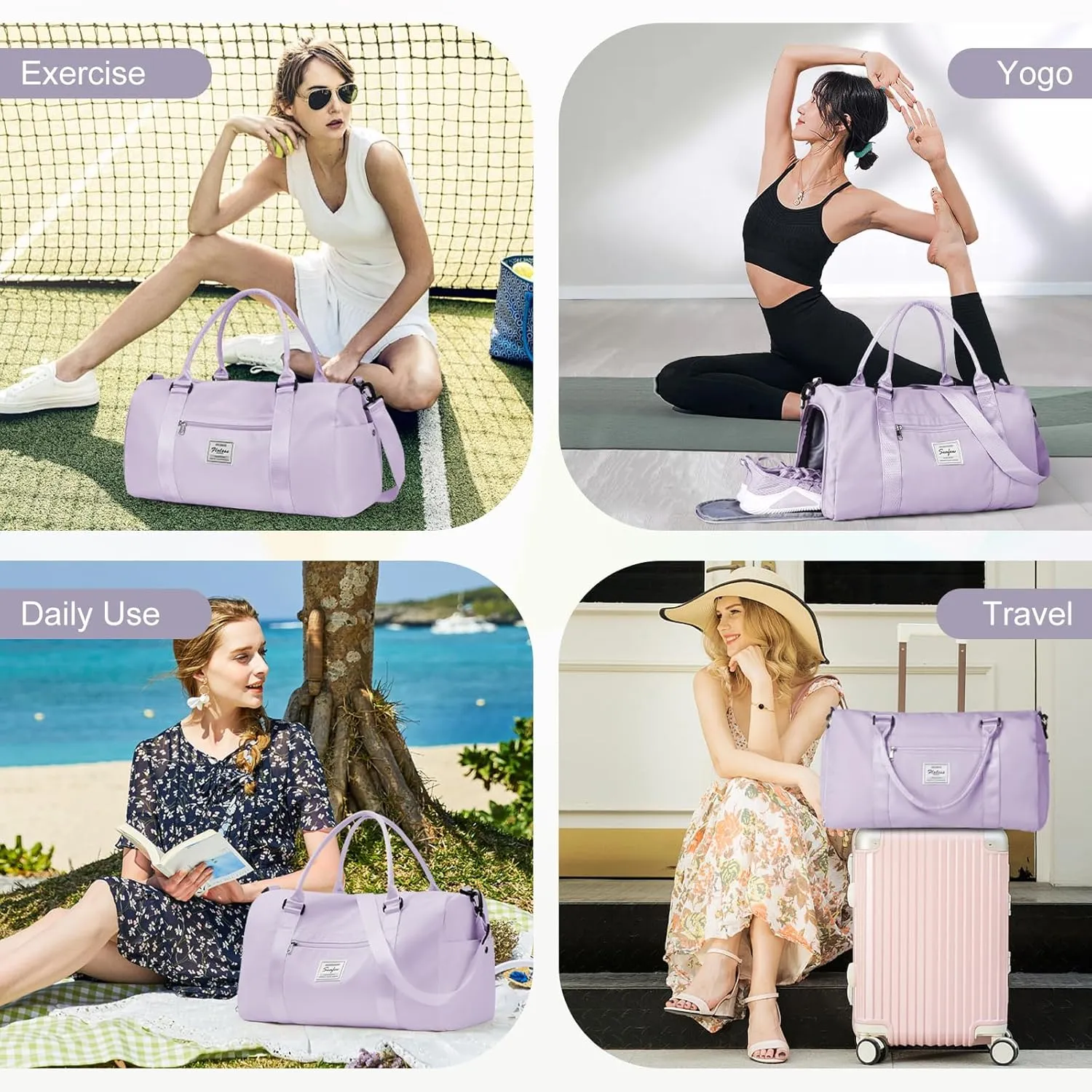 Gym Bag for Women with Shoes Compartment,Small Duffel Bag Sport bag with Toiletry Bag Overnight Travel Tote Bags Weekender Carry on Bag Personal Item Bag for Airlines Light Purple