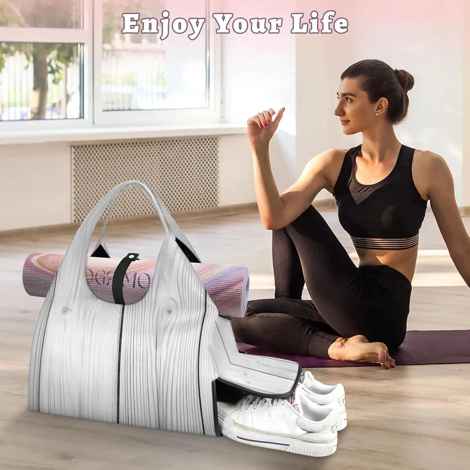 Gym Bag for Women Wooden Texture Duffel Bag with Shoe Compartment and Yoga Mat Holder Portable Weekender Bags Travel Tote Bags