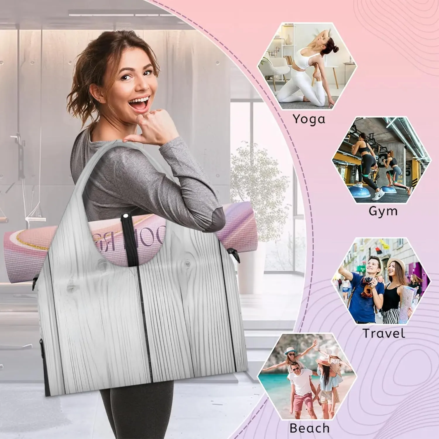 Gym Bag for Women Wooden Texture Duffel Bag with Shoe Compartment and Yoga Mat Holder Portable Weekender Bags Travel Tote Bags