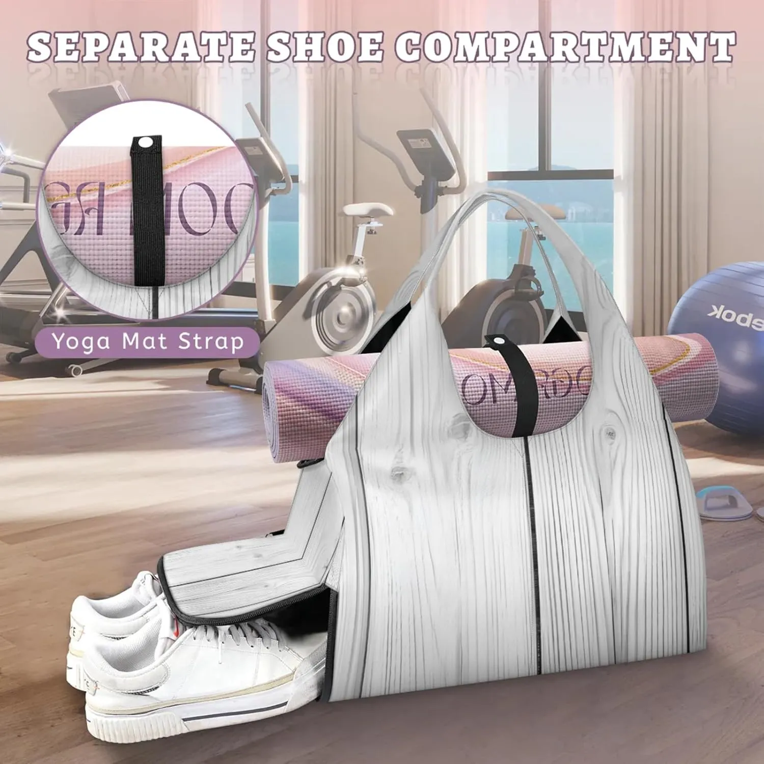 Gym Bag for Women Wooden Texture Duffel Bag with Shoe Compartment and Yoga Mat Holder Portable Weekender Bags Travel Tote Bags