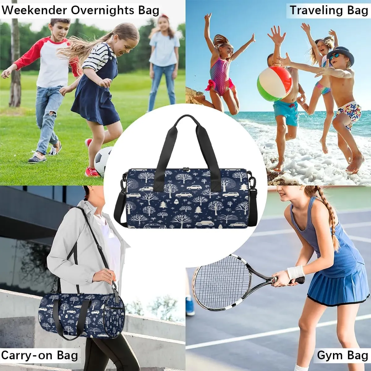 Gym Bags for Men Women Car Tree Print Sports Duffel Bags Carry On Travel Duffle Bag with Detachable Adjustable Shoulder Strap Overnight Weekender Bag