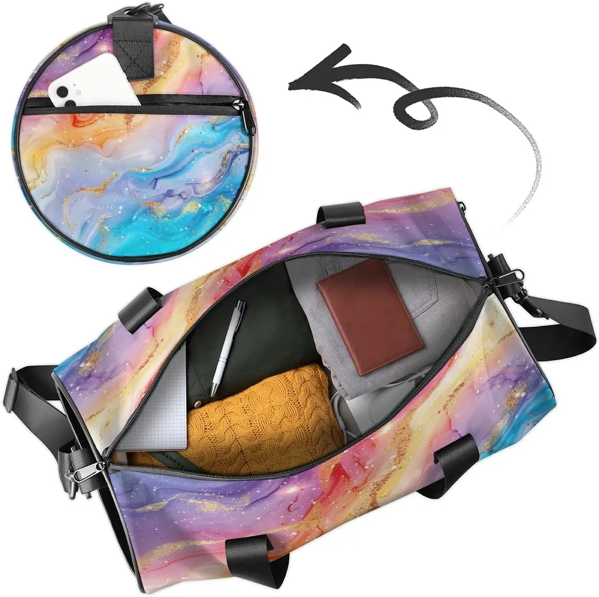 Gym Bags for Men Women Colorful Marble Pattern Sports Duffel Bags Carry On Travel Duffle Bag with Detachable Adjustable Shoulder Strap Overnight Weekender Bag