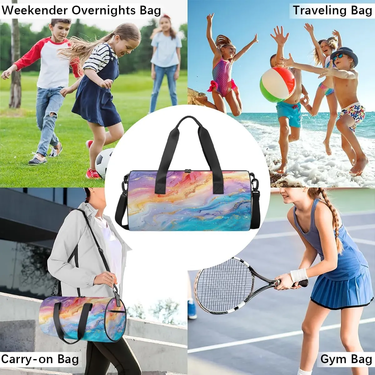 Gym Bags for Men Women Colorful Marble Pattern Sports Duffel Bags Carry On Travel Duffle Bag with Detachable Adjustable Shoulder Strap Overnight Weekender Bag