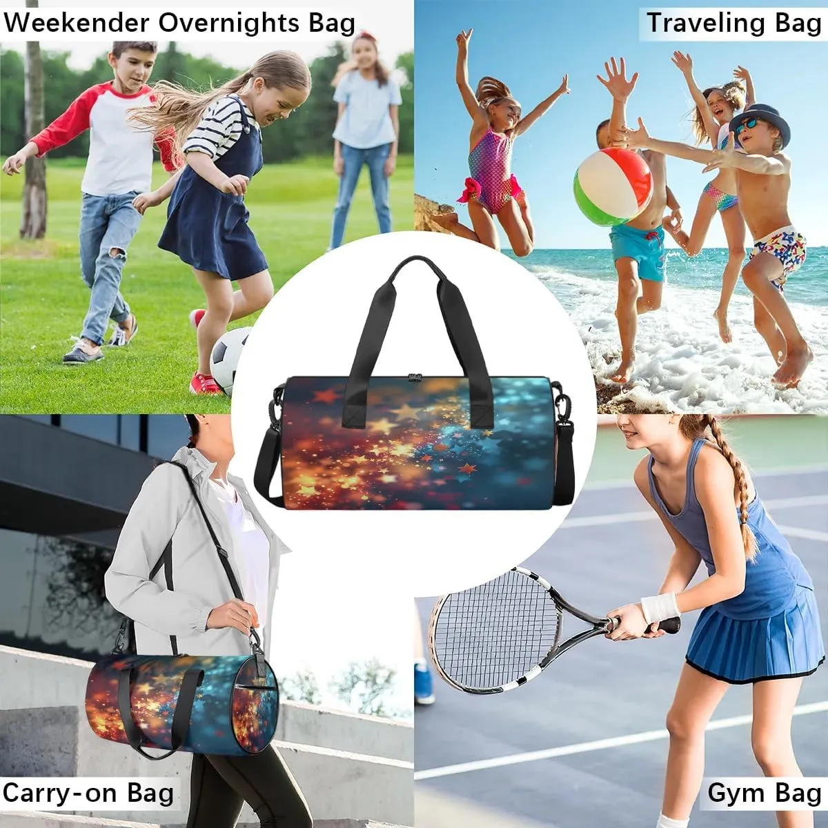 Gym Bags for Men Women Fairy Stars Sports Duffel Bags Carry On Travel Duffle Bag with Detachable Adjustable Shoulder Strap Overnight Weekender Bag