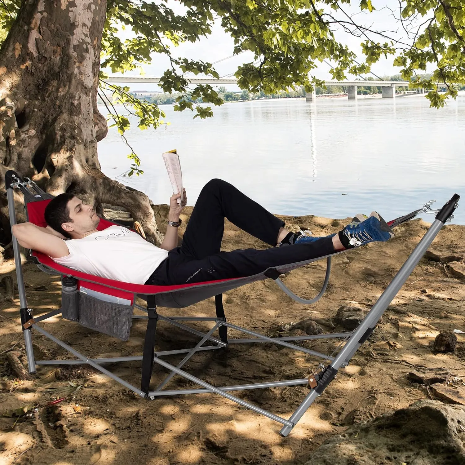 GYMAX Hammock with Stand Included, Camping Hammock with Carrying Bag & Storage Pocket, Portable Heavy Duty Self Standing Hammock, Indoor/Outdoor Hammock Chair for Patio Beach Yard Garden (Red)